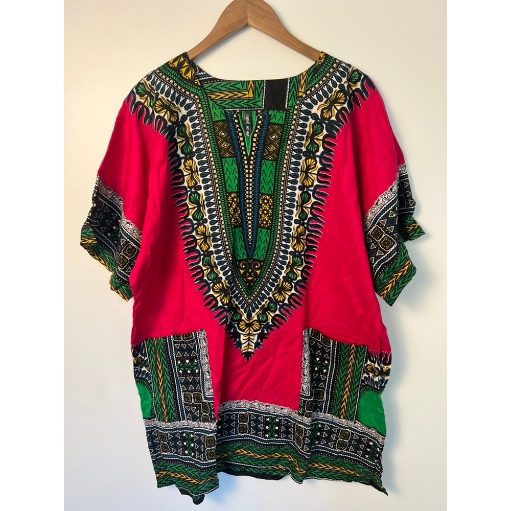 Look At Me Dashiki Tunic Wm OS Pink Cotton Tribal Print V-Neck Pocket Top‎ Boho